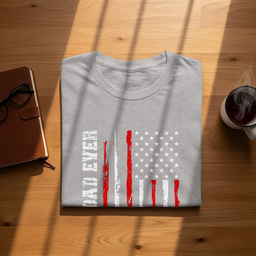 Grey t-shirt with distressed American flag graphic and "BRAVE" text.