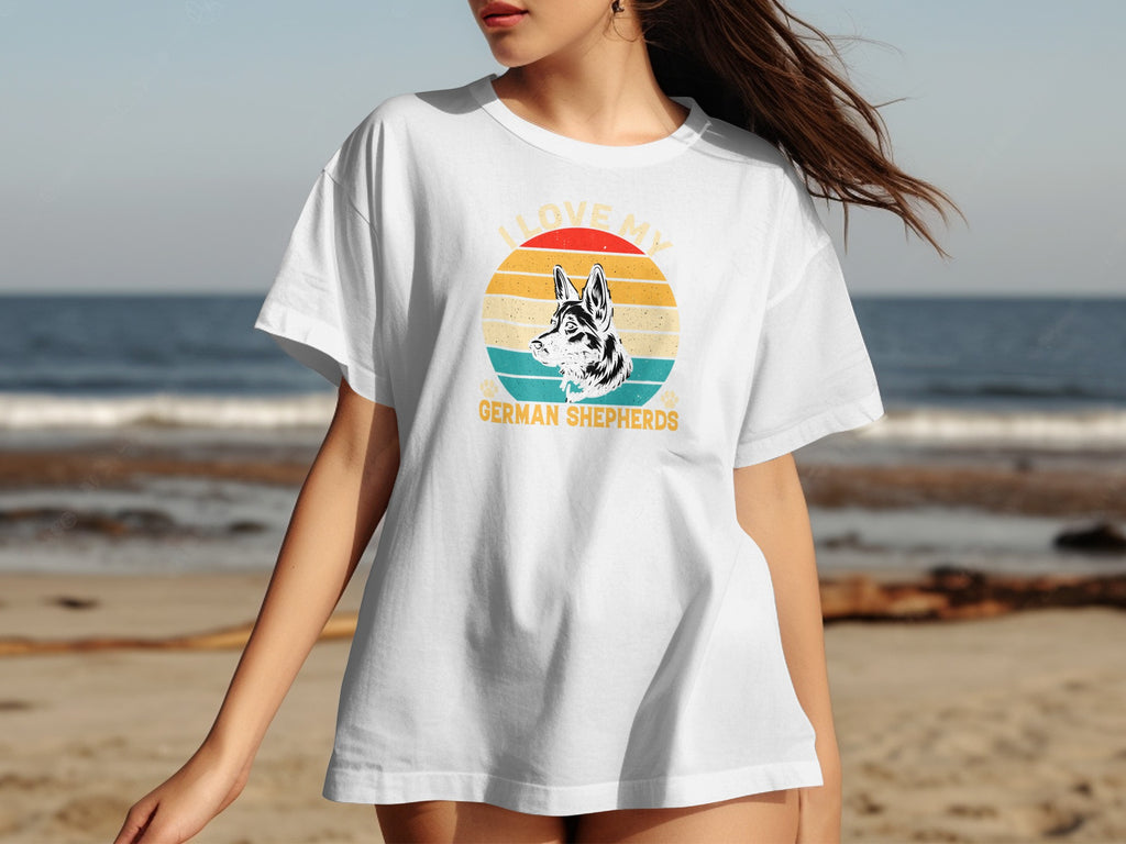 White t-shirt with German Shepherd graphic and text "I LOVE MY GERMAN SHEPHERDS".