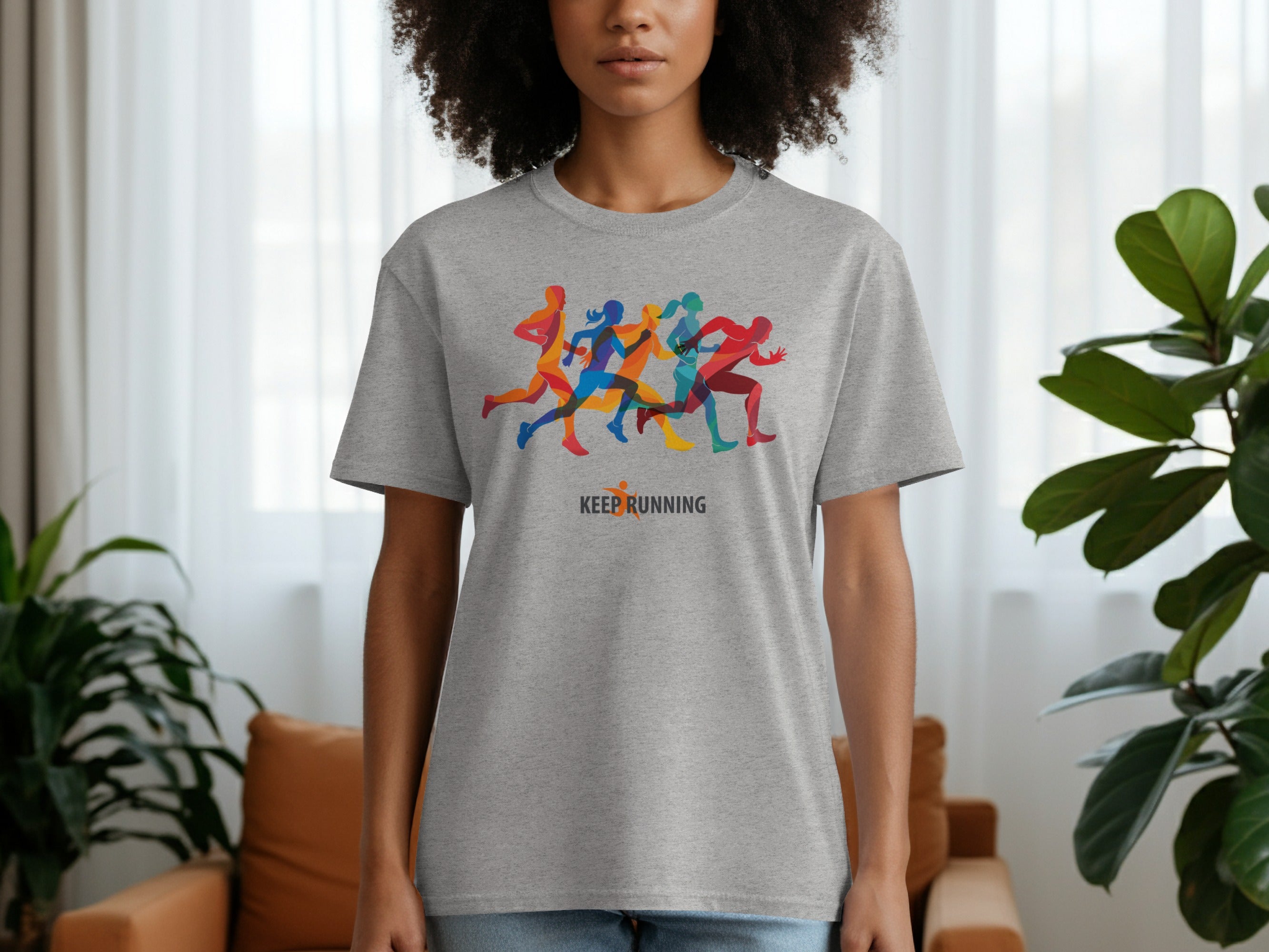 Grey t-shirt with colorful abstract running figures and "KEEP RUNNING" text.