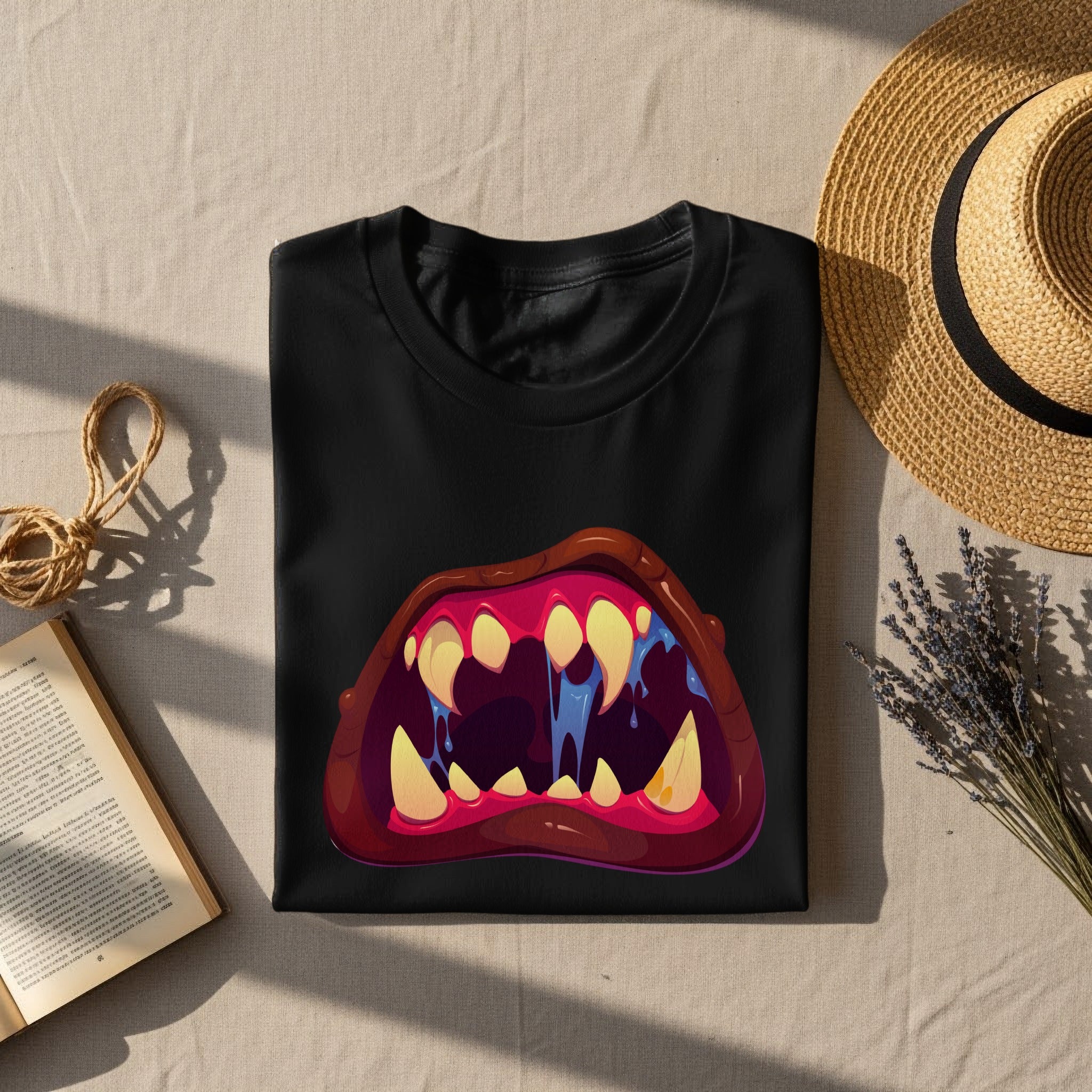 Black t-shirt with a cartoon monster mouth graphic, flat lay with hat and book.