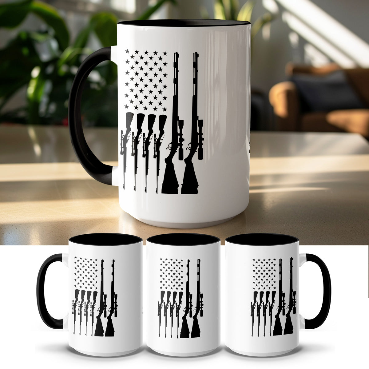 White mug with black interior and handle, featuring a silhouette of rifles against an American flag design.