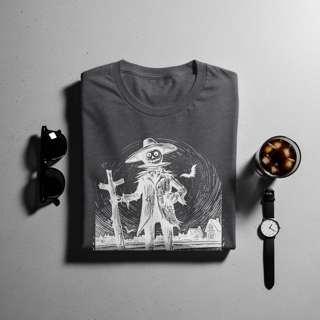 Dark grey t-shirt with a white scarecrow graphic holding a cross and surrounded by a town.