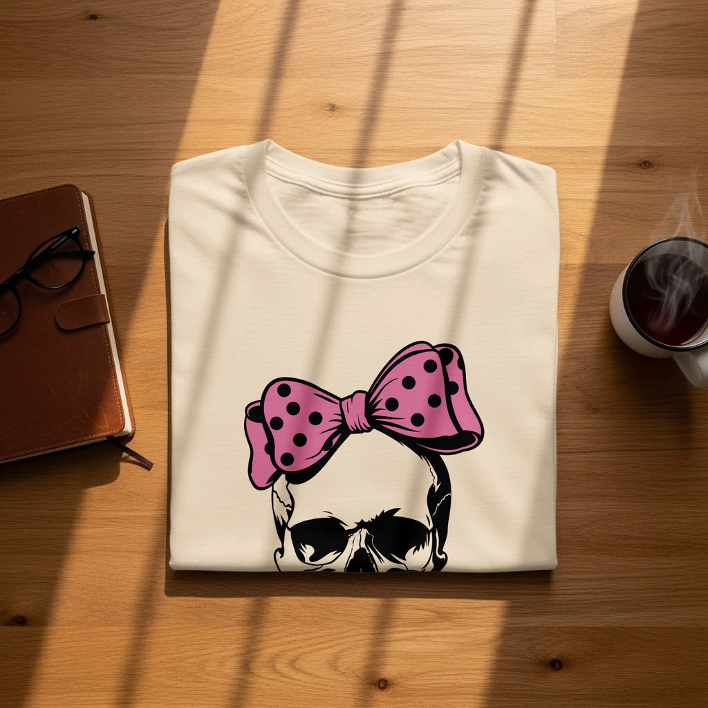 Cream t-shirt with a black skull graphic wearing a pink polka dot bow.