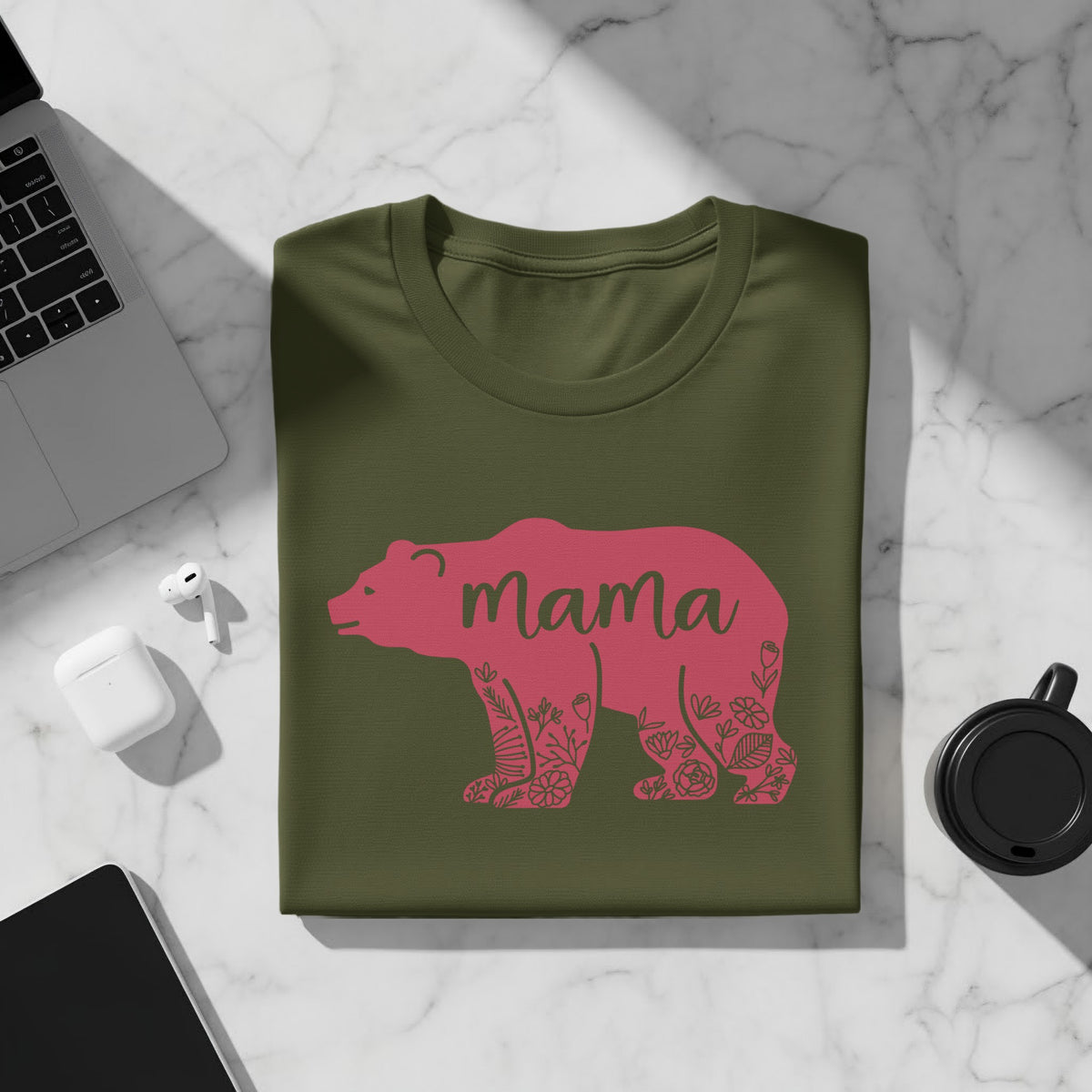 Olive green t-shirt with pink bear graphic and "mama" text.