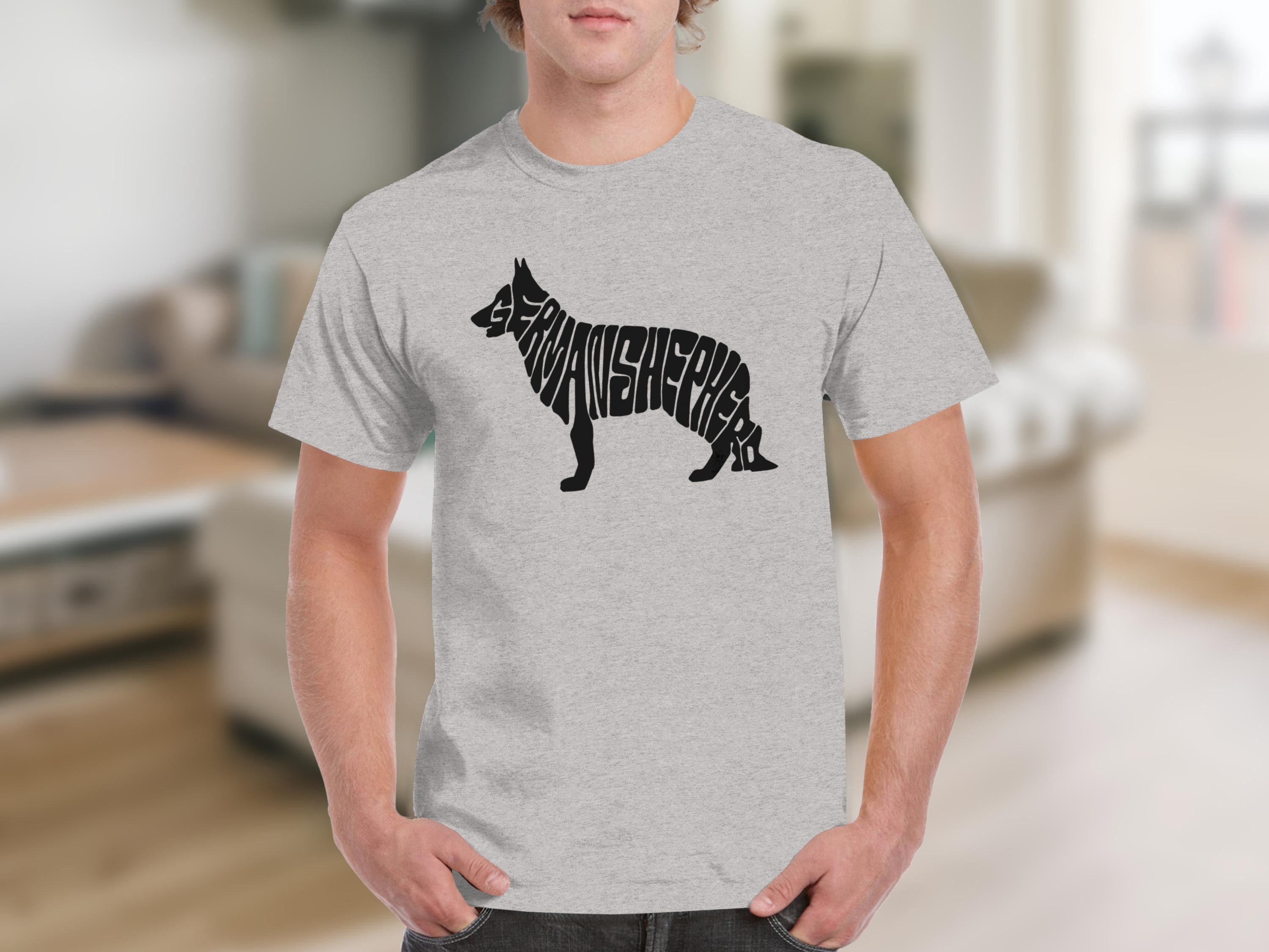 German Shepherd dog silhouette formed by text on a gray t-shirt.