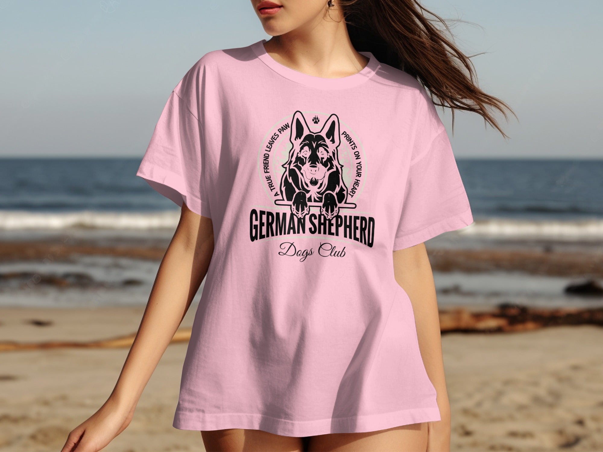 Pink t-shirt with German Shepherd Dogs Club graphic featuring a dog's head.