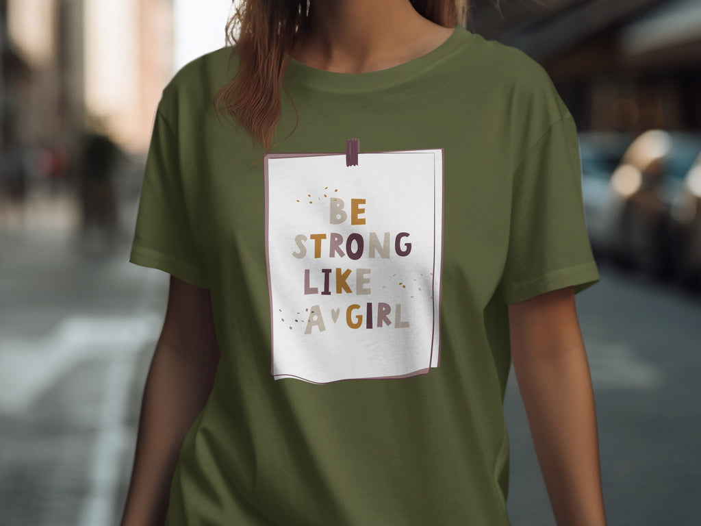 Olive green t-shirt with "BE STRONG LIKE A GIRL" text graphic.