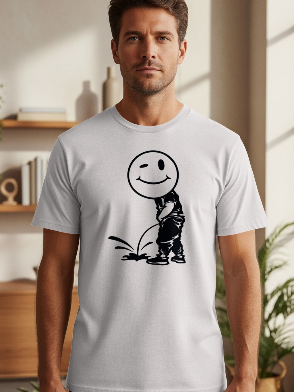 White t-shirt with black graphic of a winking smiley face peeing.