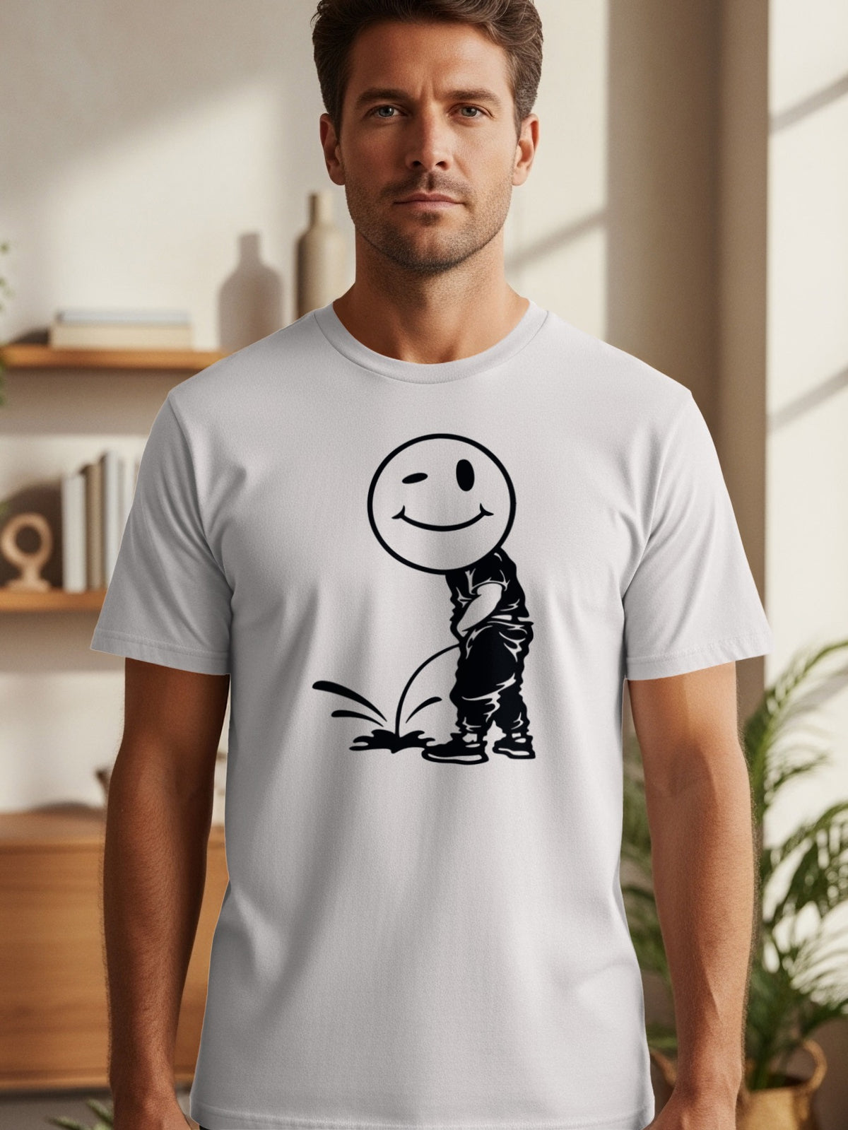 White t-shirt with black graphic of a winking smiley face peeing.