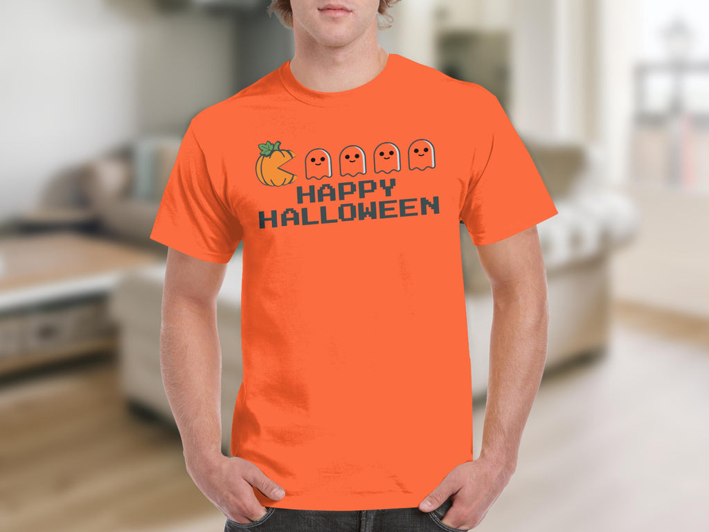 Orange t-shirt with pixelated "Happy Halloween" text and Pac-Man-like pumpkin and ghosts.