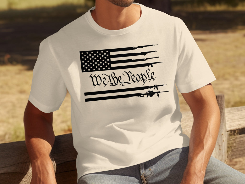 Cream t-shirt with American flag graphic and "We the People" text.