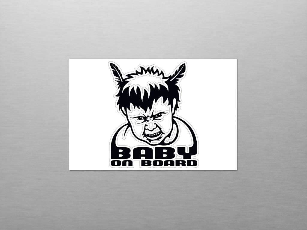Black and white "Baby on Board" sticker with angry cartoon baby and feathers.