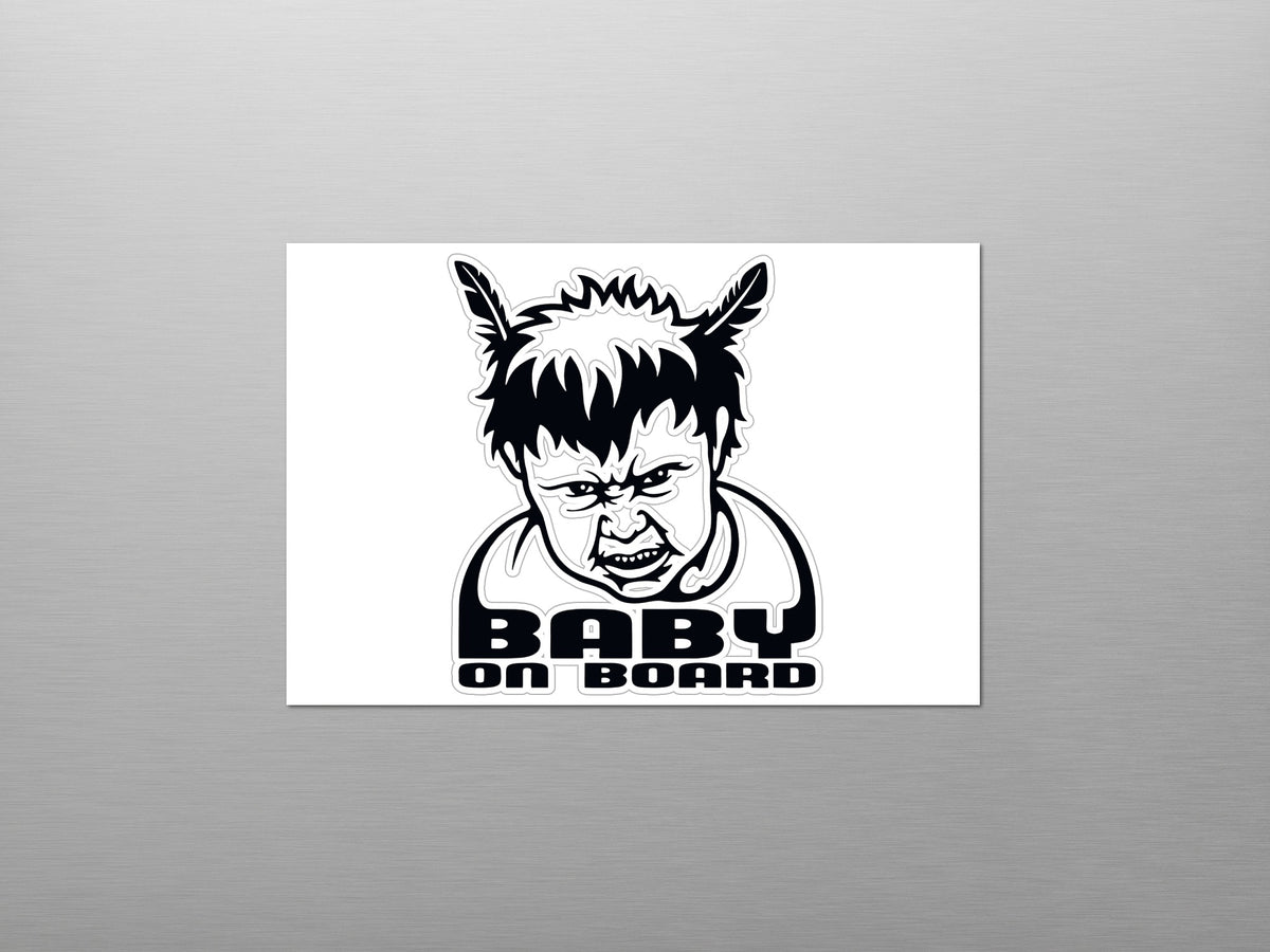 Black and white "Baby on Board" sticker with angry cartoon baby and feathers.