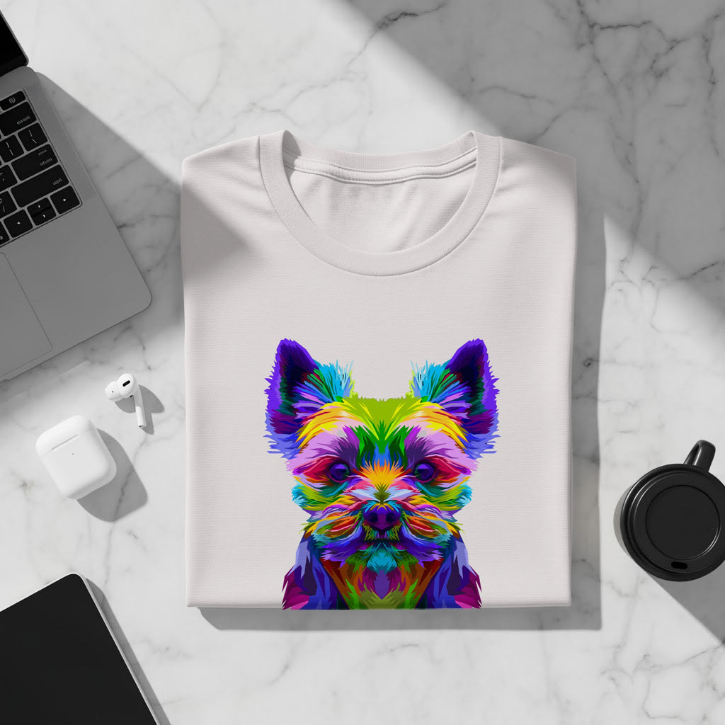 White t-shirt with a colorful abstract dog face graphic.