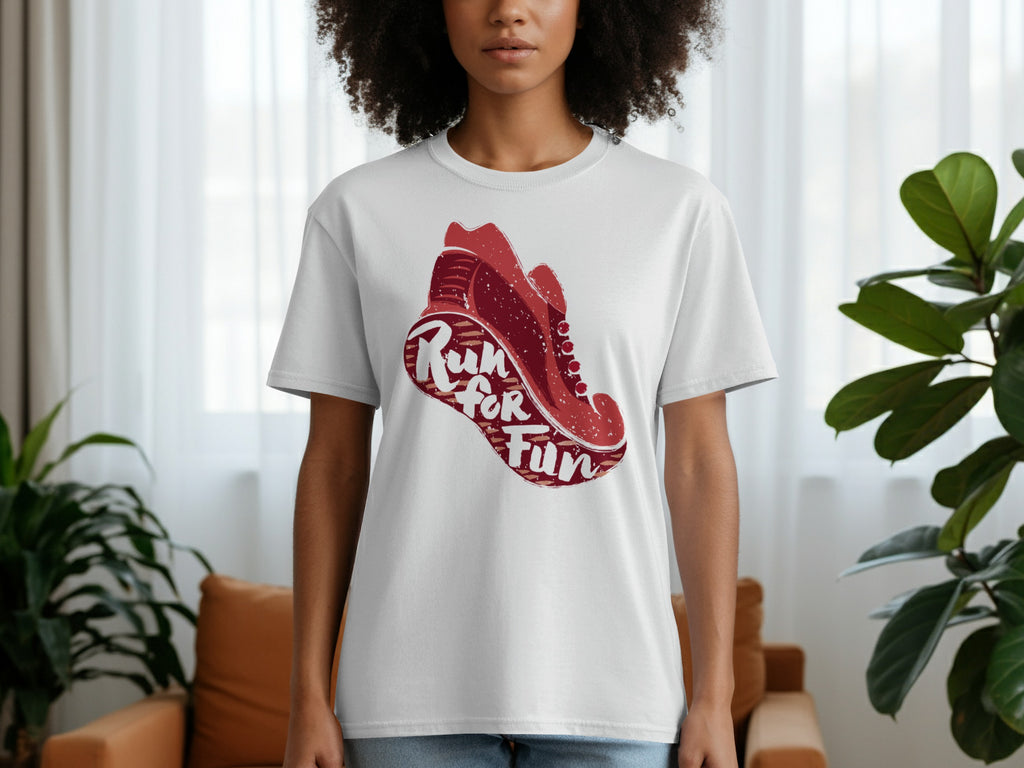 White t-shirt with red sneaker graphic and text "Run for Fun".