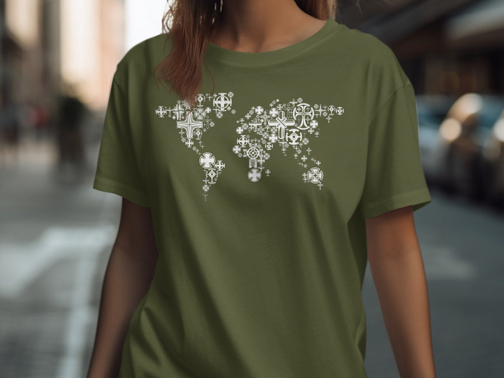 Olive green t-shirt with a white world map graphic made of various crosses.