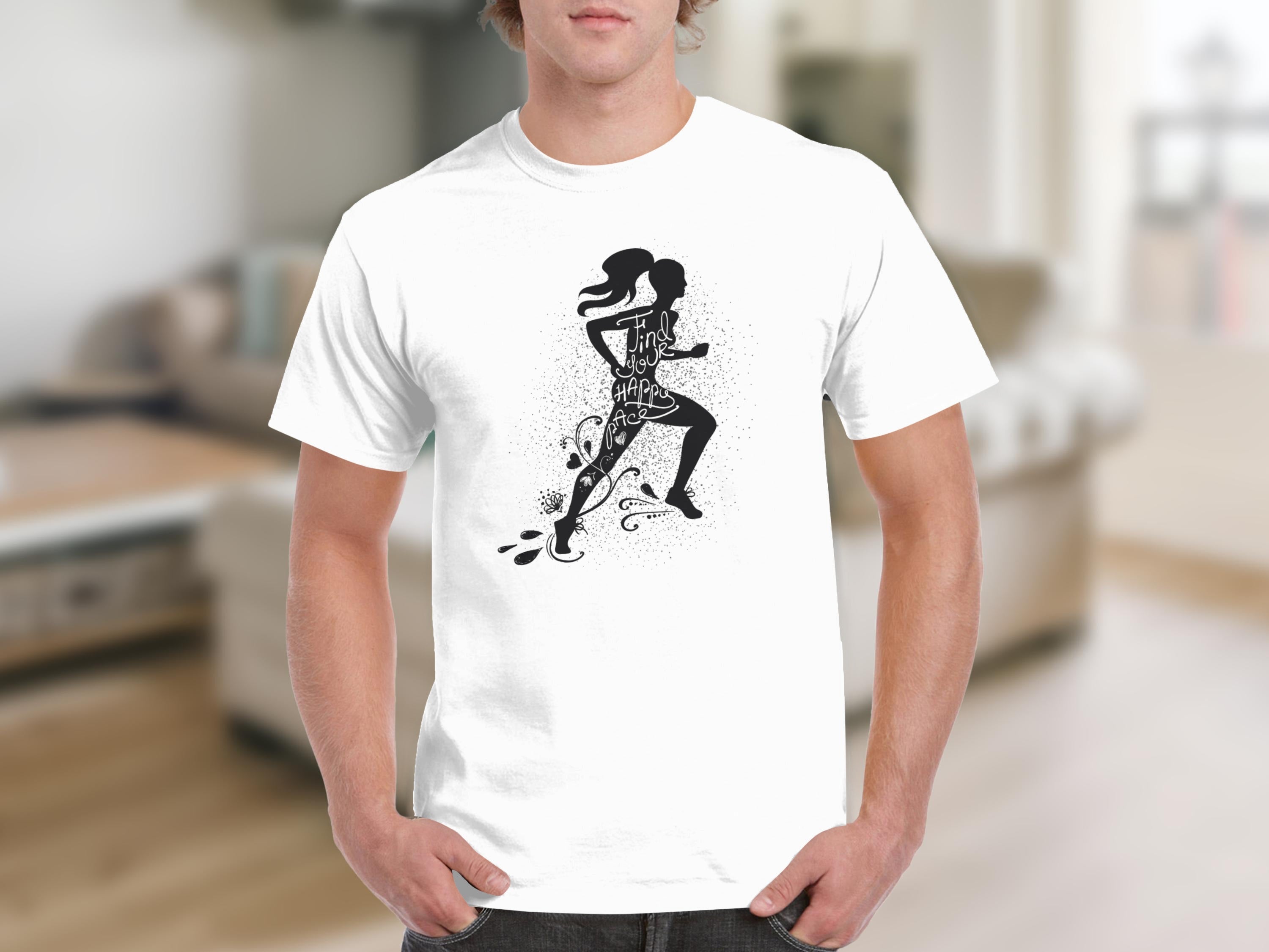 White t-shirt with black silhouette graphic of a runner and text "Find your happy pace".