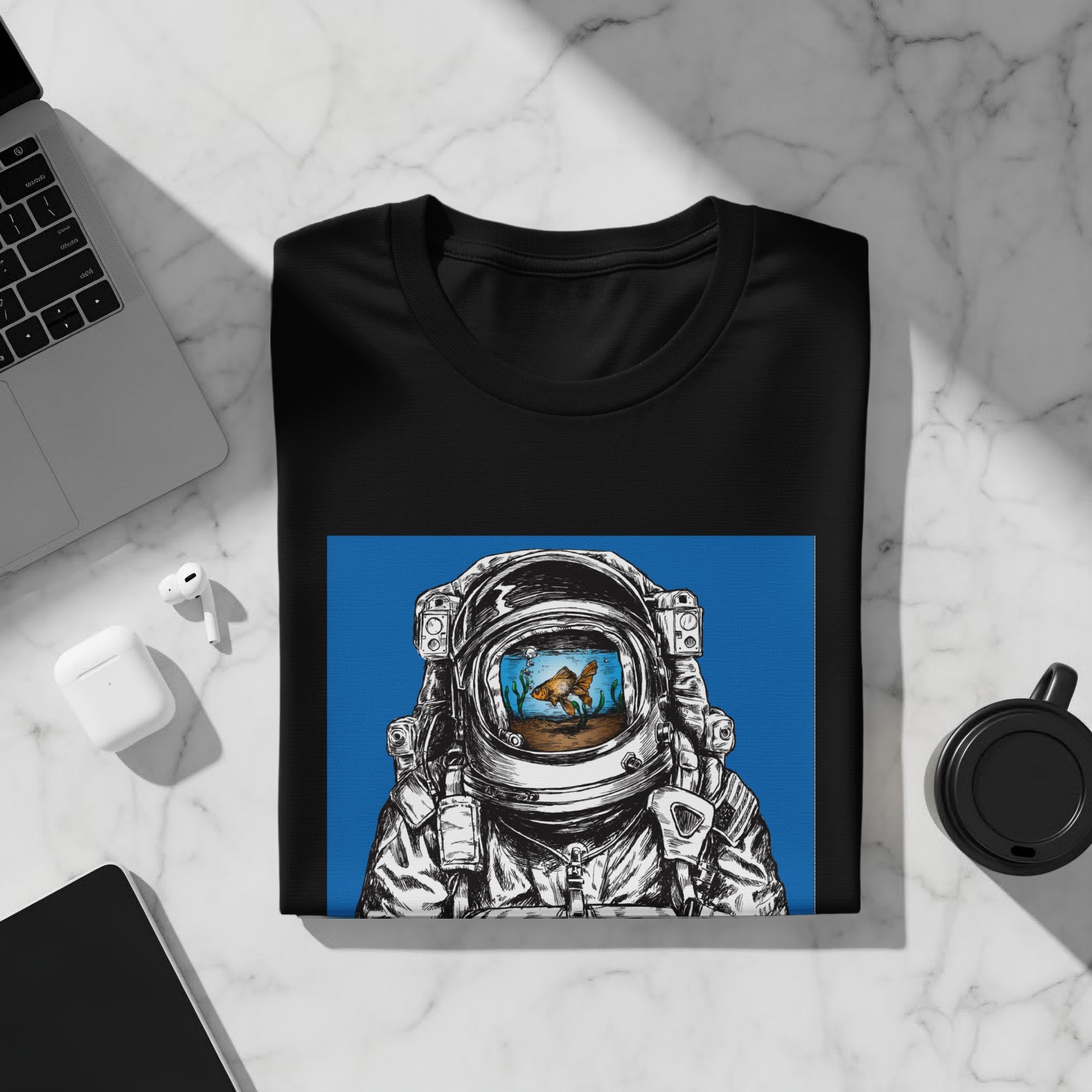 Black t-shirt with astronaut helmet containing a goldfish in a bowl graphic.