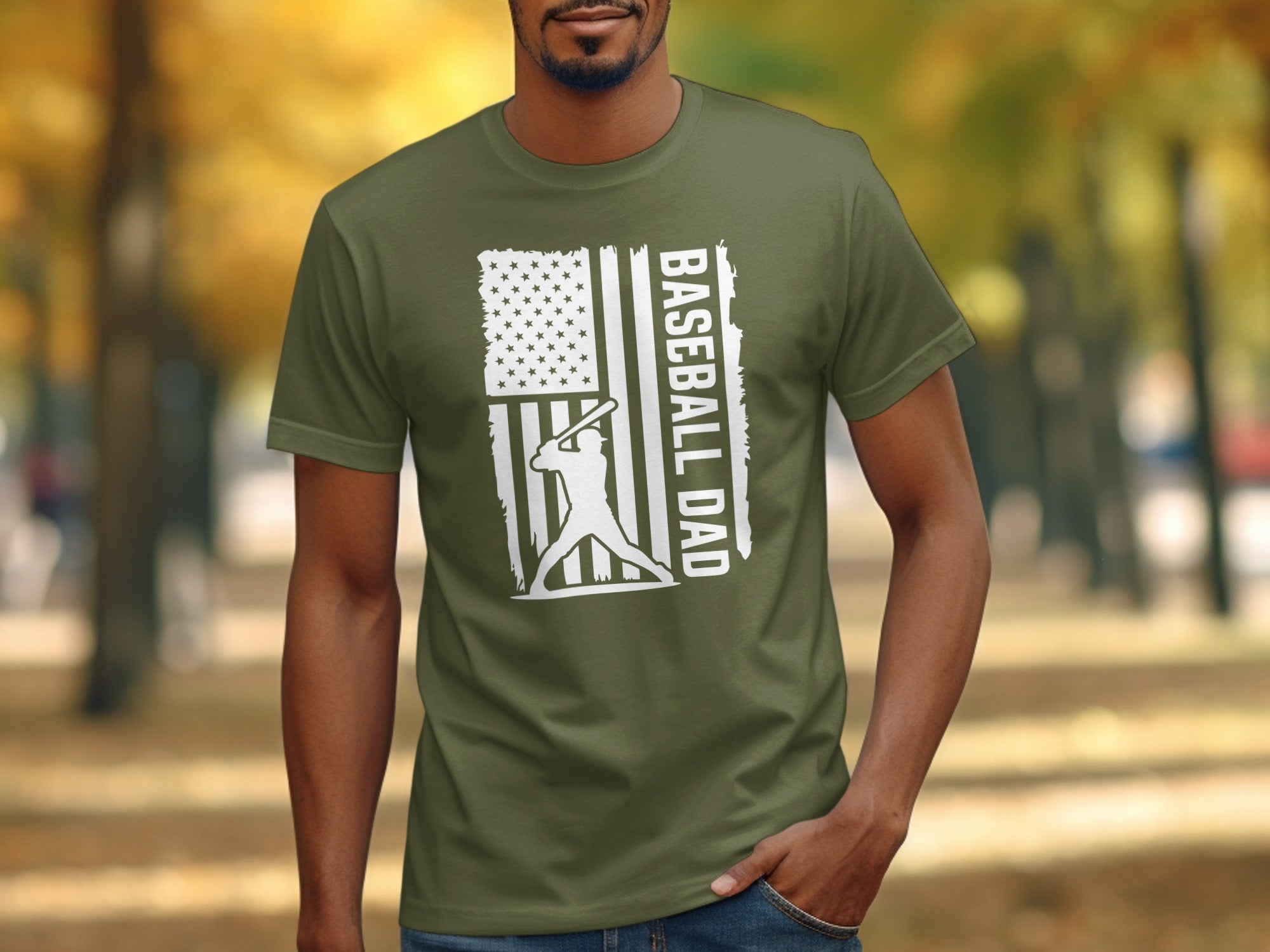 Green t-shirt with white baseball dad graphic featuring American flag and batter.