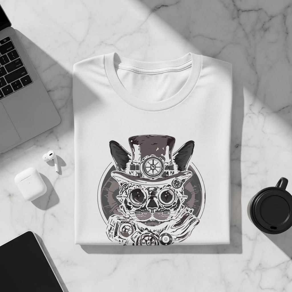 White t-shirt with a steampunk cat graphic featuring gears and goggles.