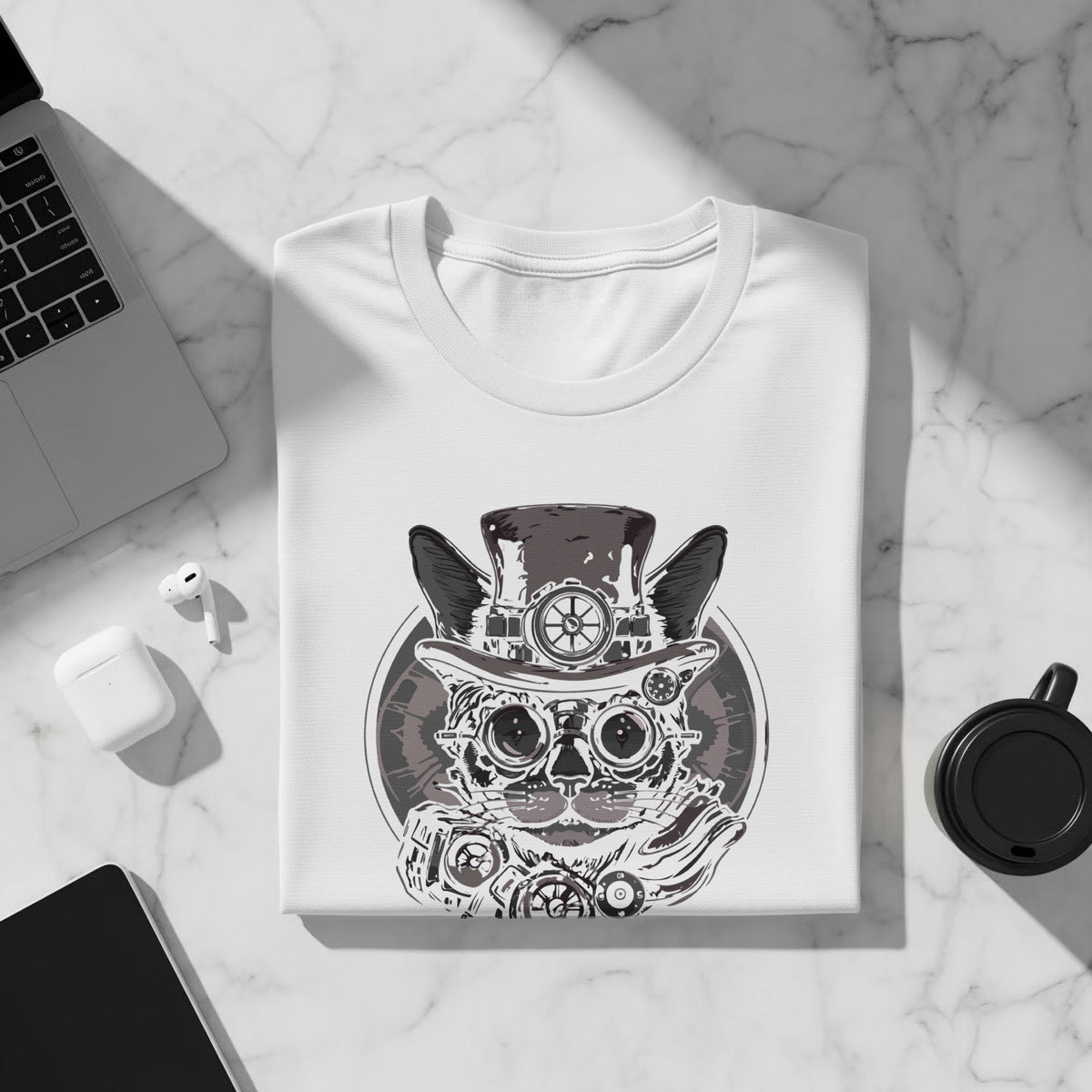 White t-shirt with a steampunk cat graphic featuring gears and goggles.