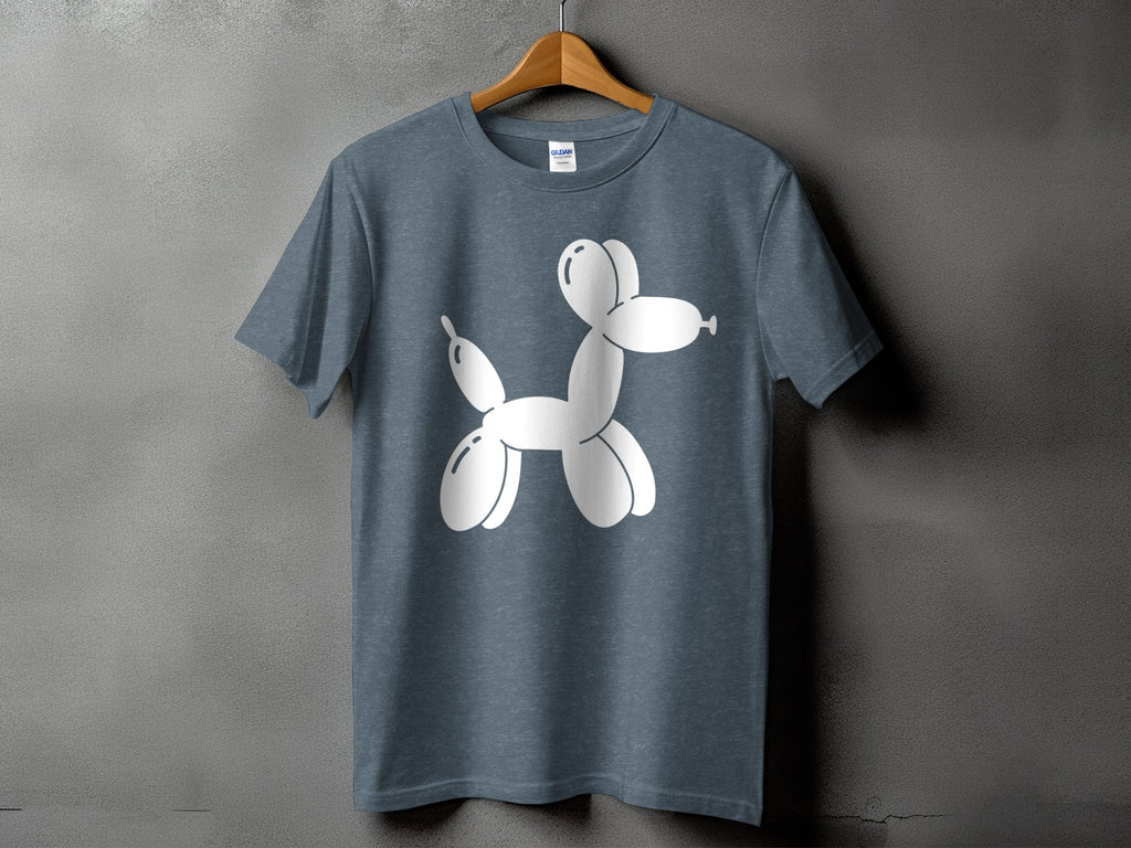 Grey t-shirt with a white balloon dog graphic and Gildan label.