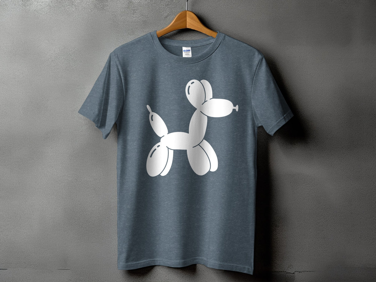 Grey t-shirt with a white balloon dog graphic and Gildan label.