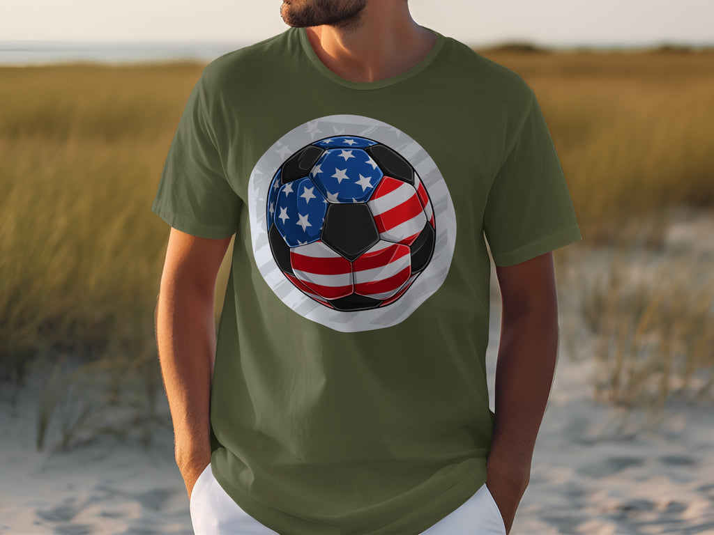 Olive green t-shirt with a soccer ball design featuring American flag stars and stripes.