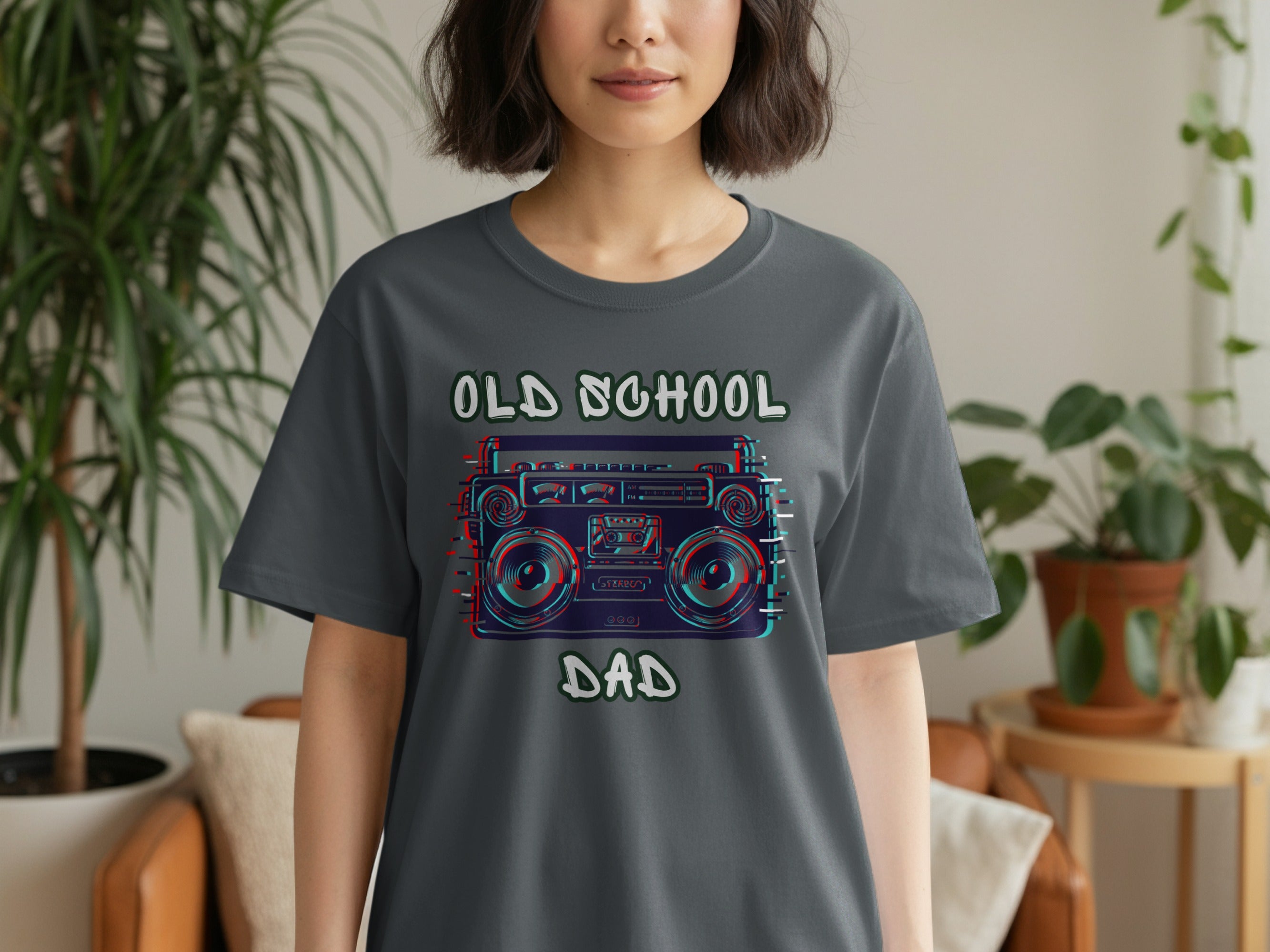 T-shirt with "OLD SCHOOL DAD" text and a retro boombox graphic.