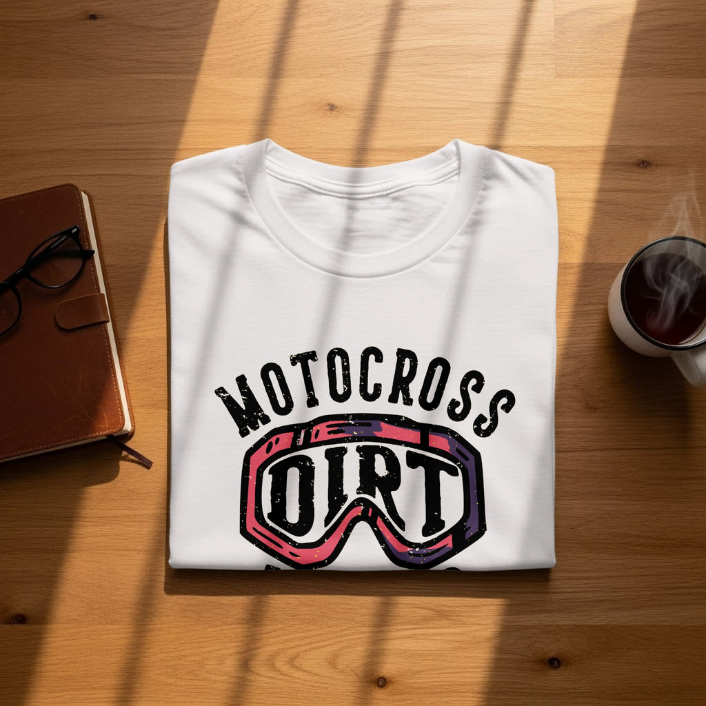 White t-shirt with "Motocross Dirt" text and goggles graphic.