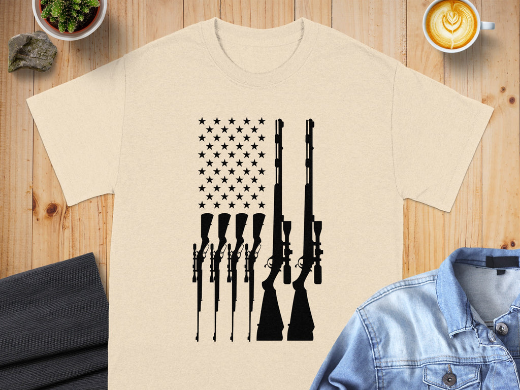 T-shirt with American flag made of stars and rifle silhouettes.