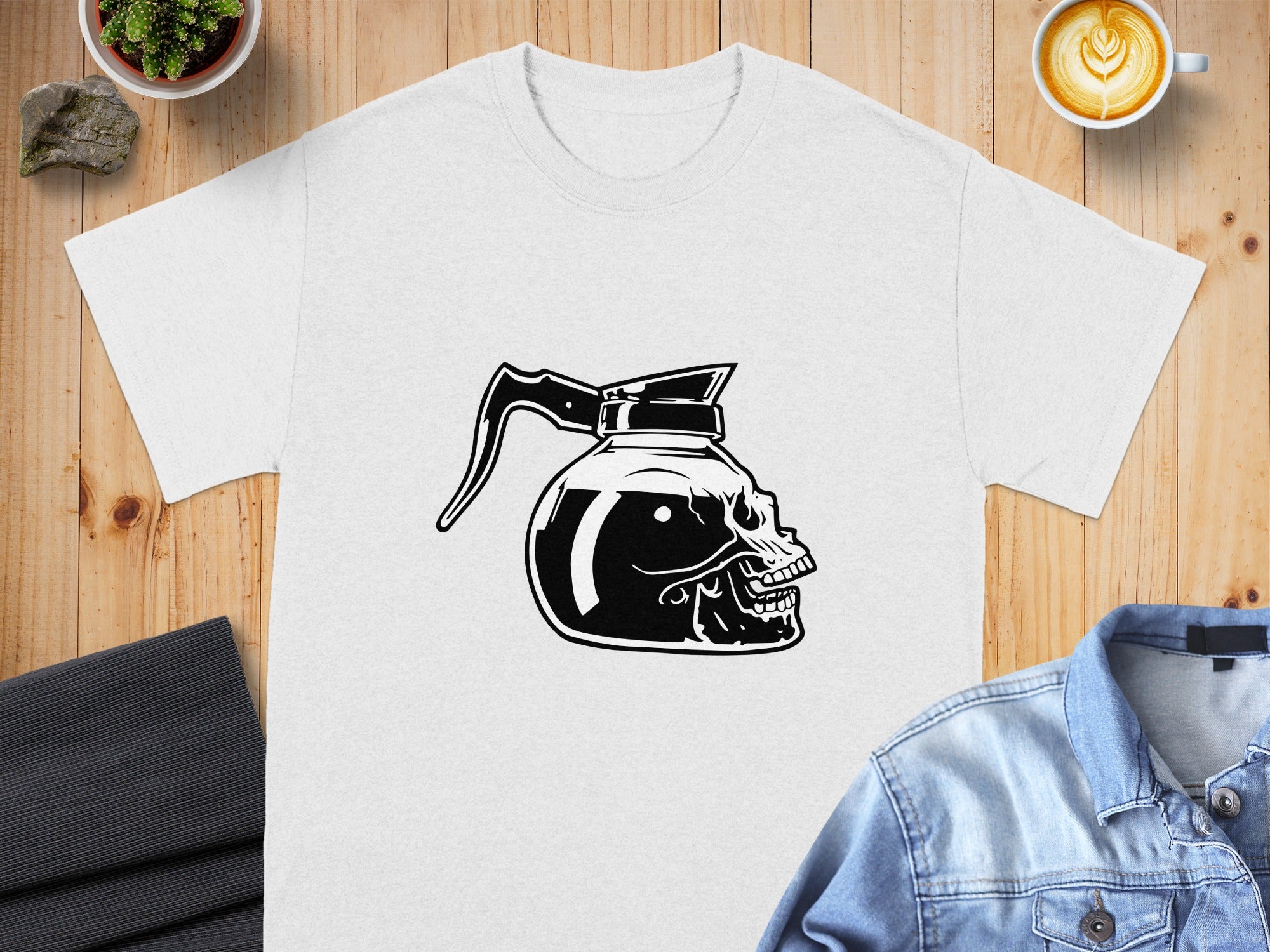 White t-shirt with a black graphic of a coffee pot shaped like a skull.