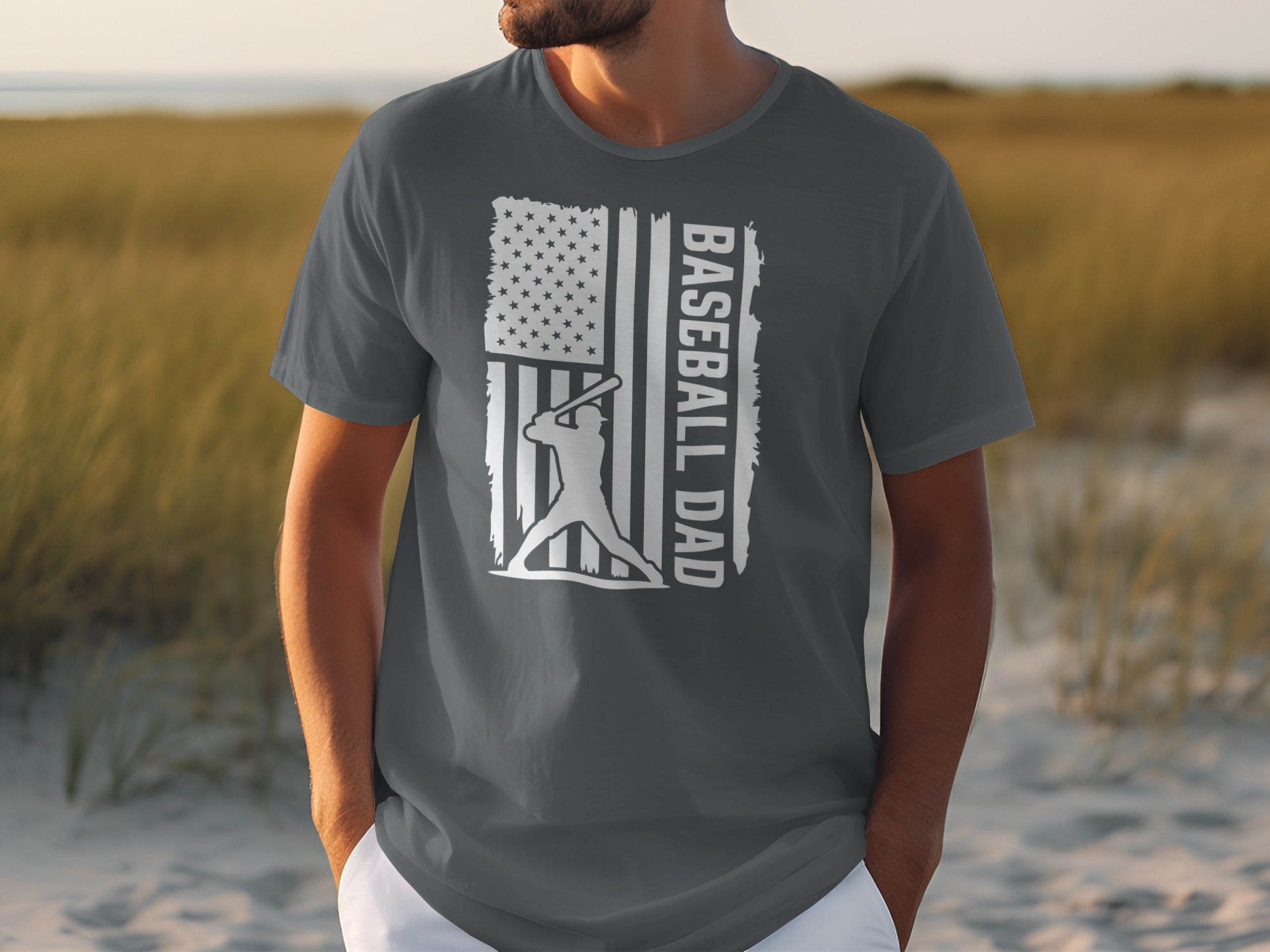Grey t-shirt on man with distressed American flag, baseball player, and text Baseball Dad.