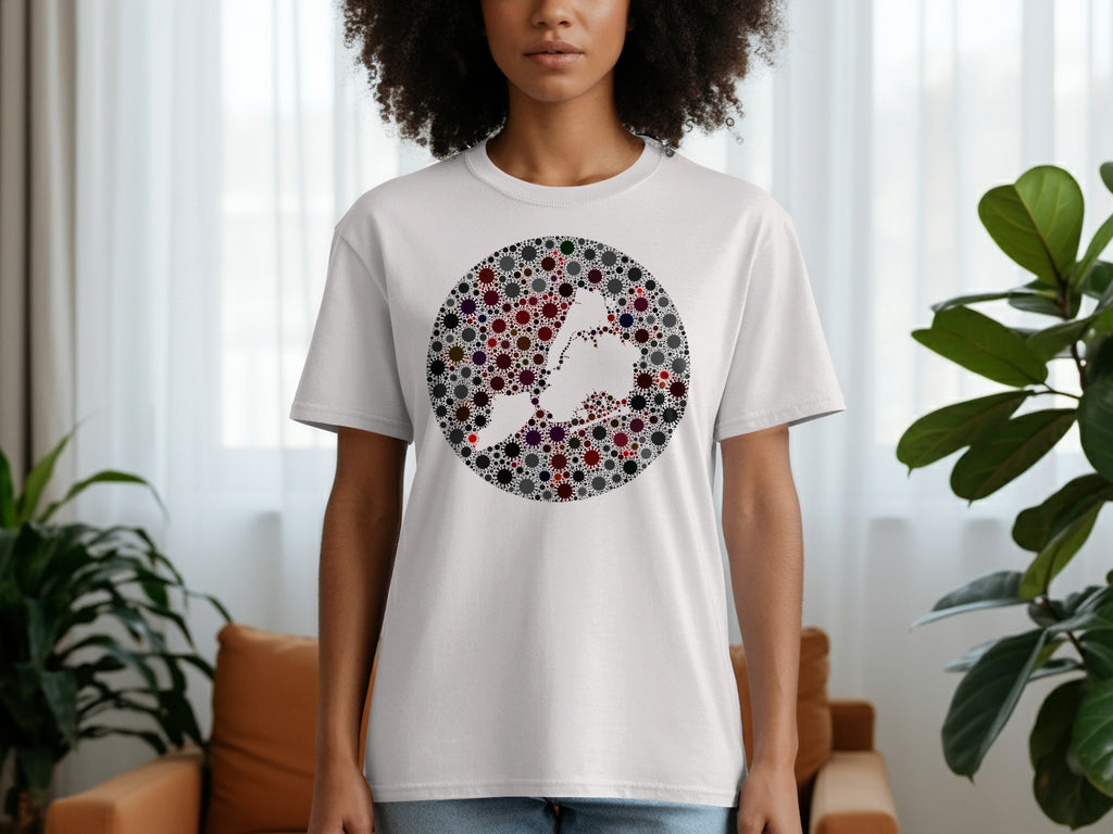White t-shirt with a circular graphic of various sized virus-like shapes forming the outline of Italy.
