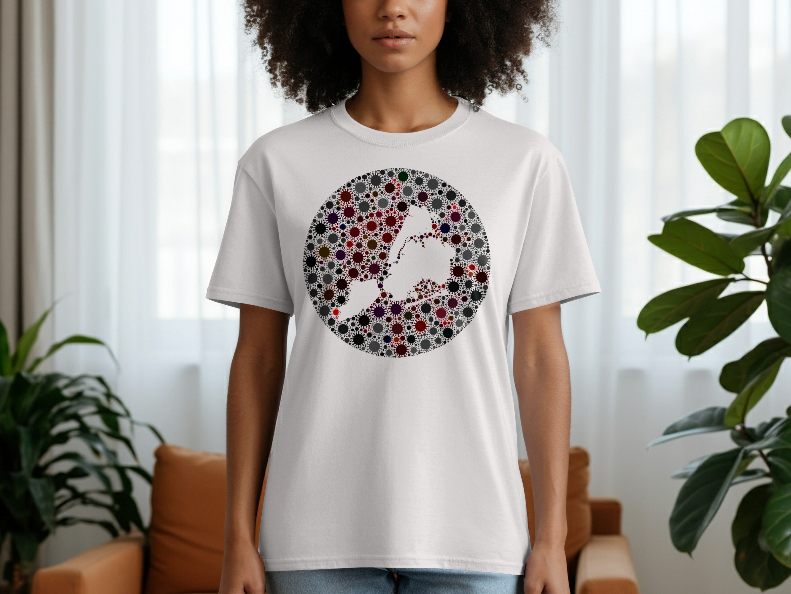 White t-shirt with a circular graphic of various sized virus-like shapes forming the outline of Italy.