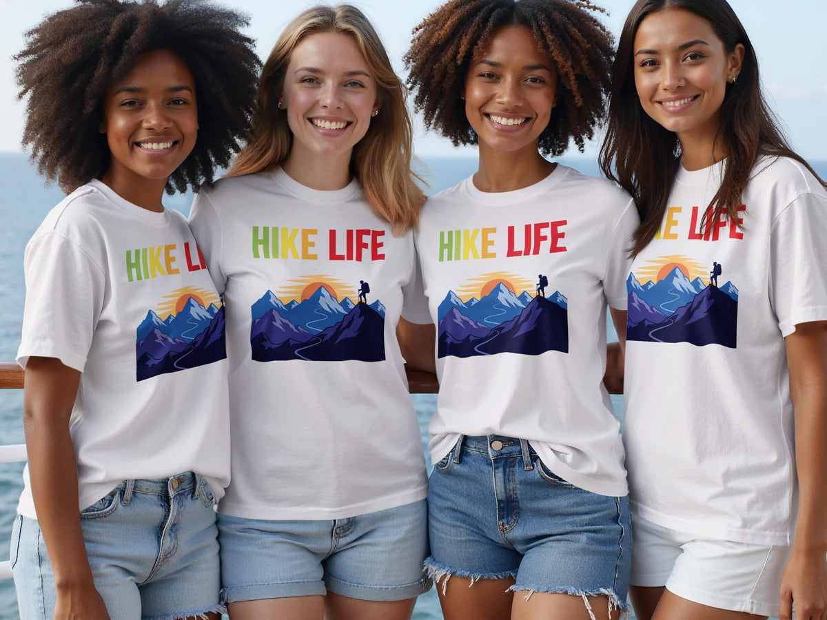 Four women wear white t-shirts with "Hike Life" text and mountain graphics.
