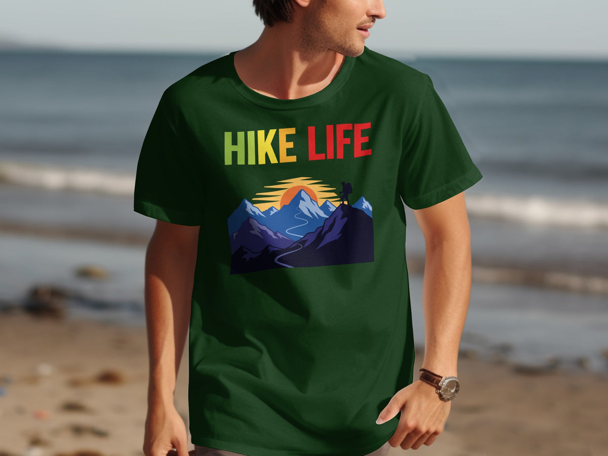 Green t-shirt with "HIKE LIFE" text and mountain hiking graphic.