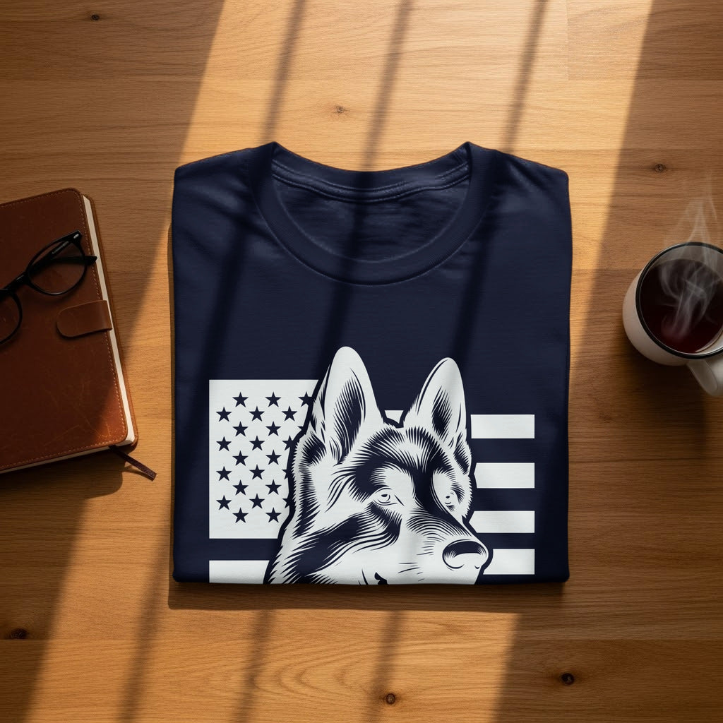 Navy blue t-shirt with a German Shepherd and American flag graphic.