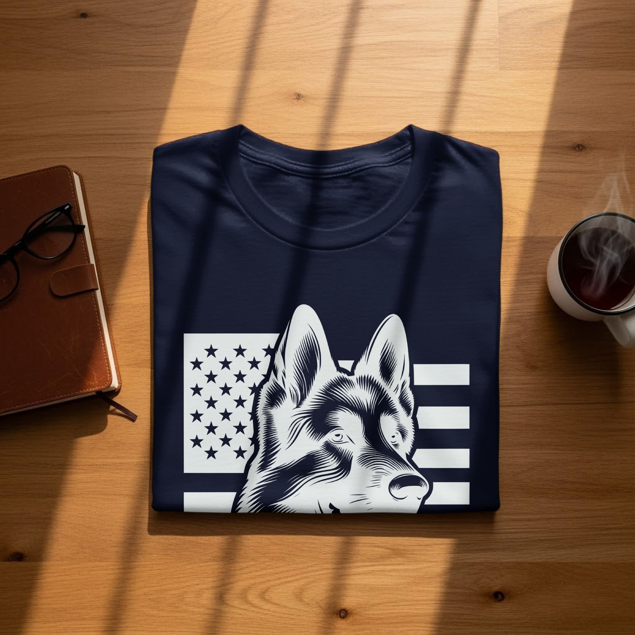 Navy blue t-shirt with a German Shepherd and American flag graphic.