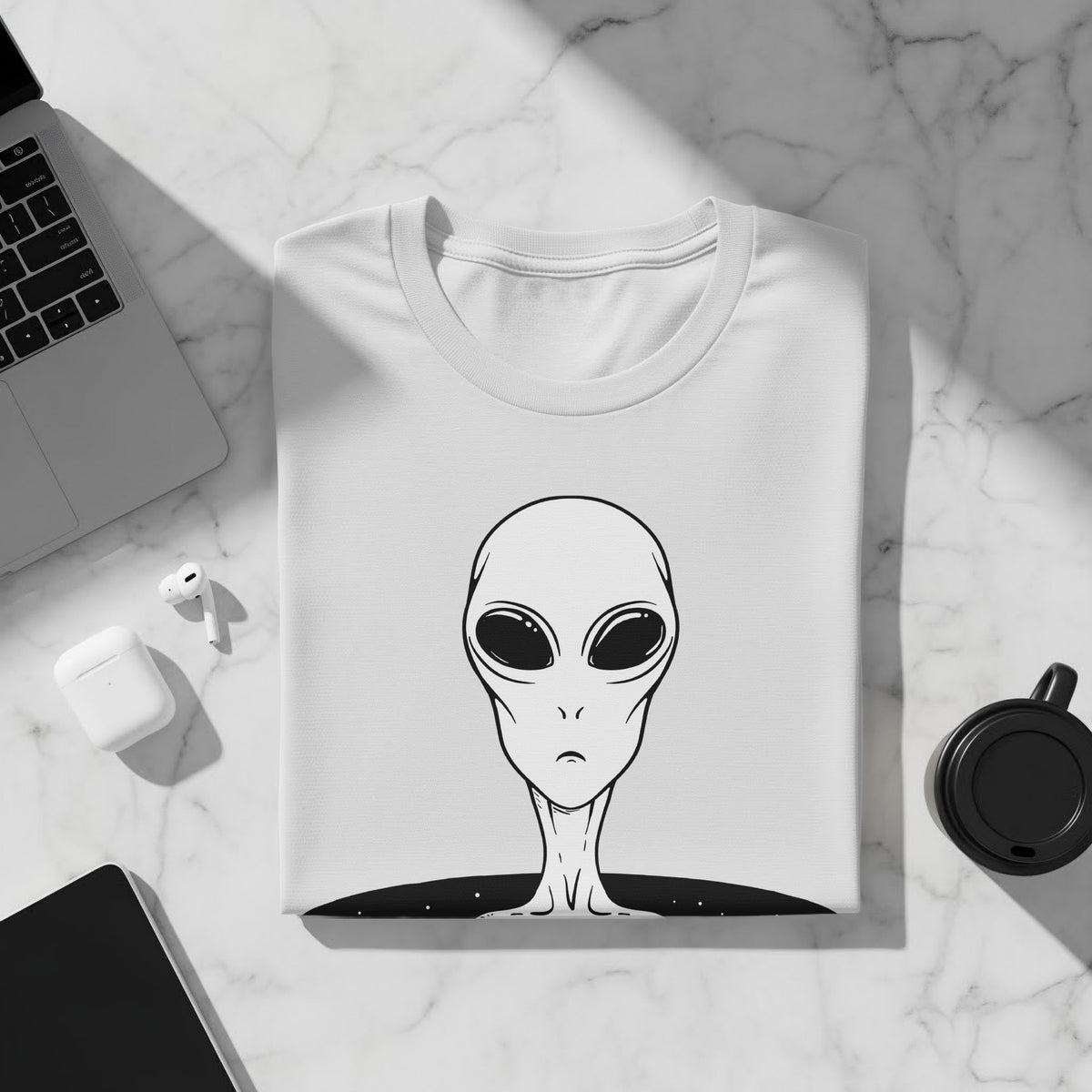 White t-shirt with a black line drawing of an alien head.