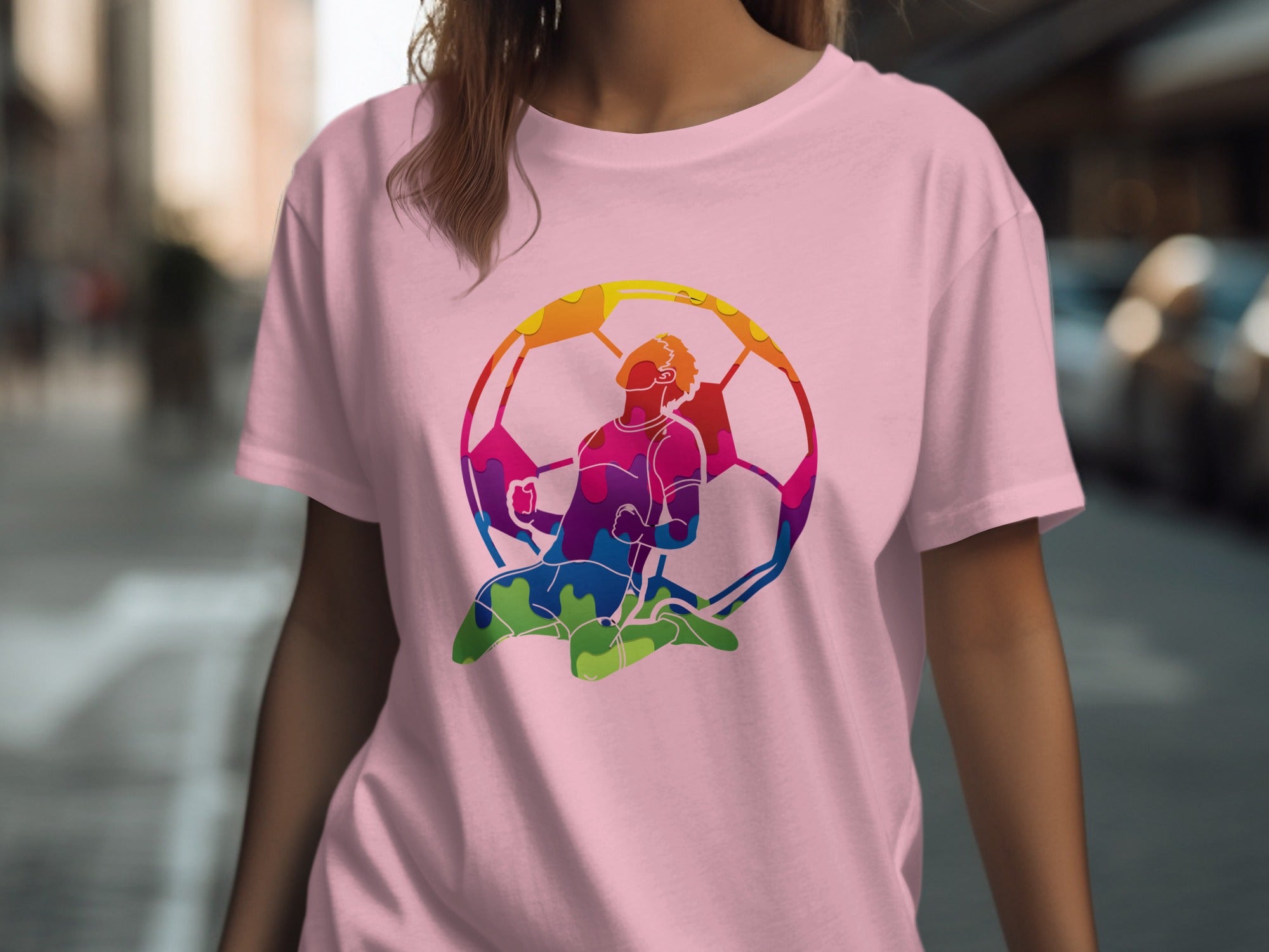 Pink t-shirt with colorful soccer player silhouette in a ball outline.