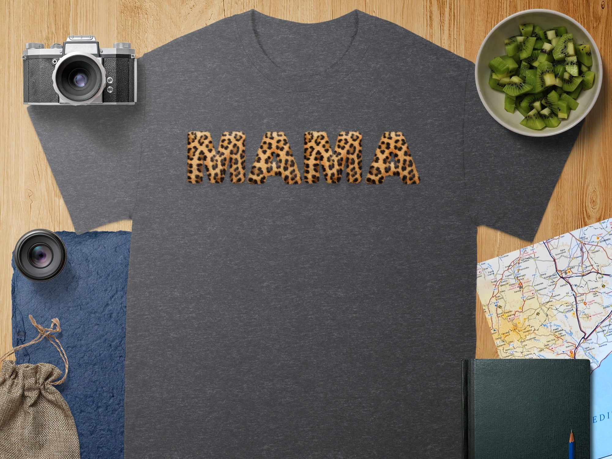 Dark grey t-shirt with "MAMA" in leopard print letters.
