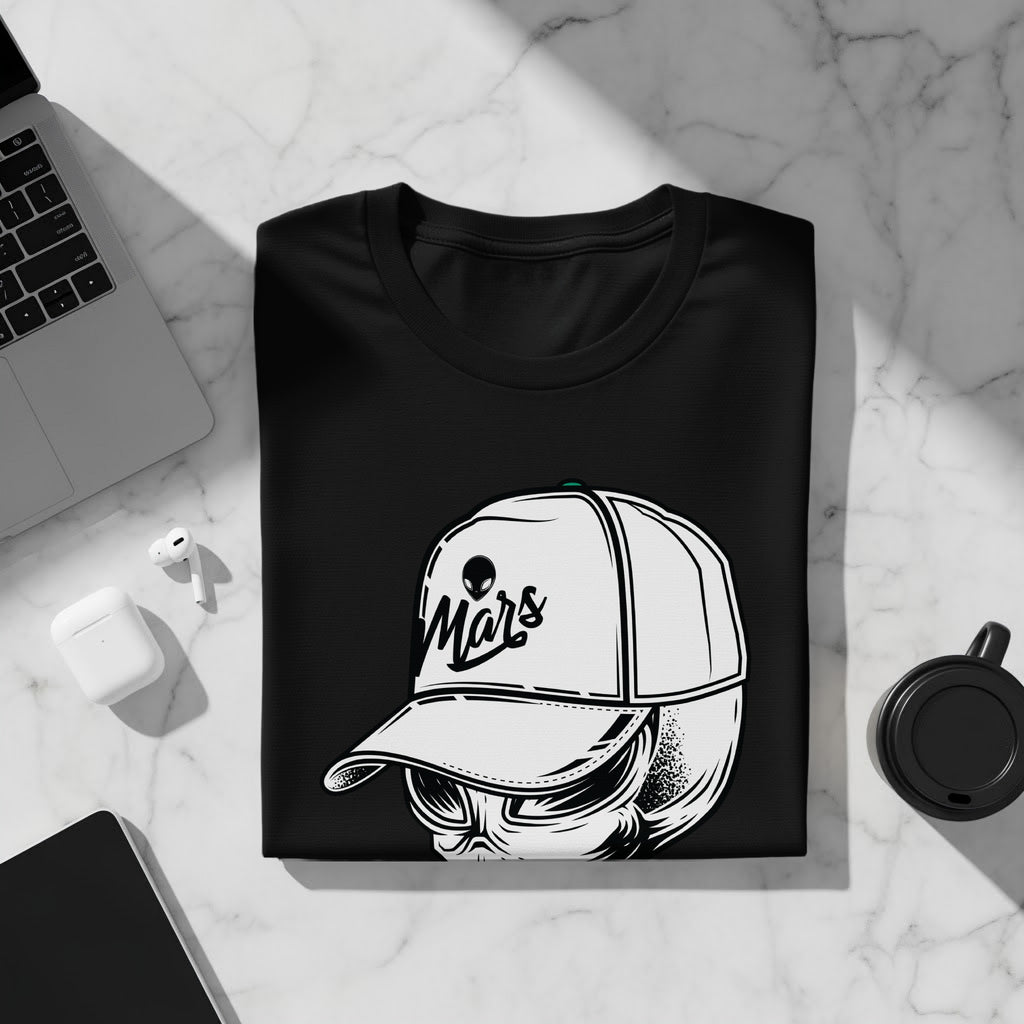 Black t-shirt with white graphic of alien wearing baseball cap that says "Mars".
