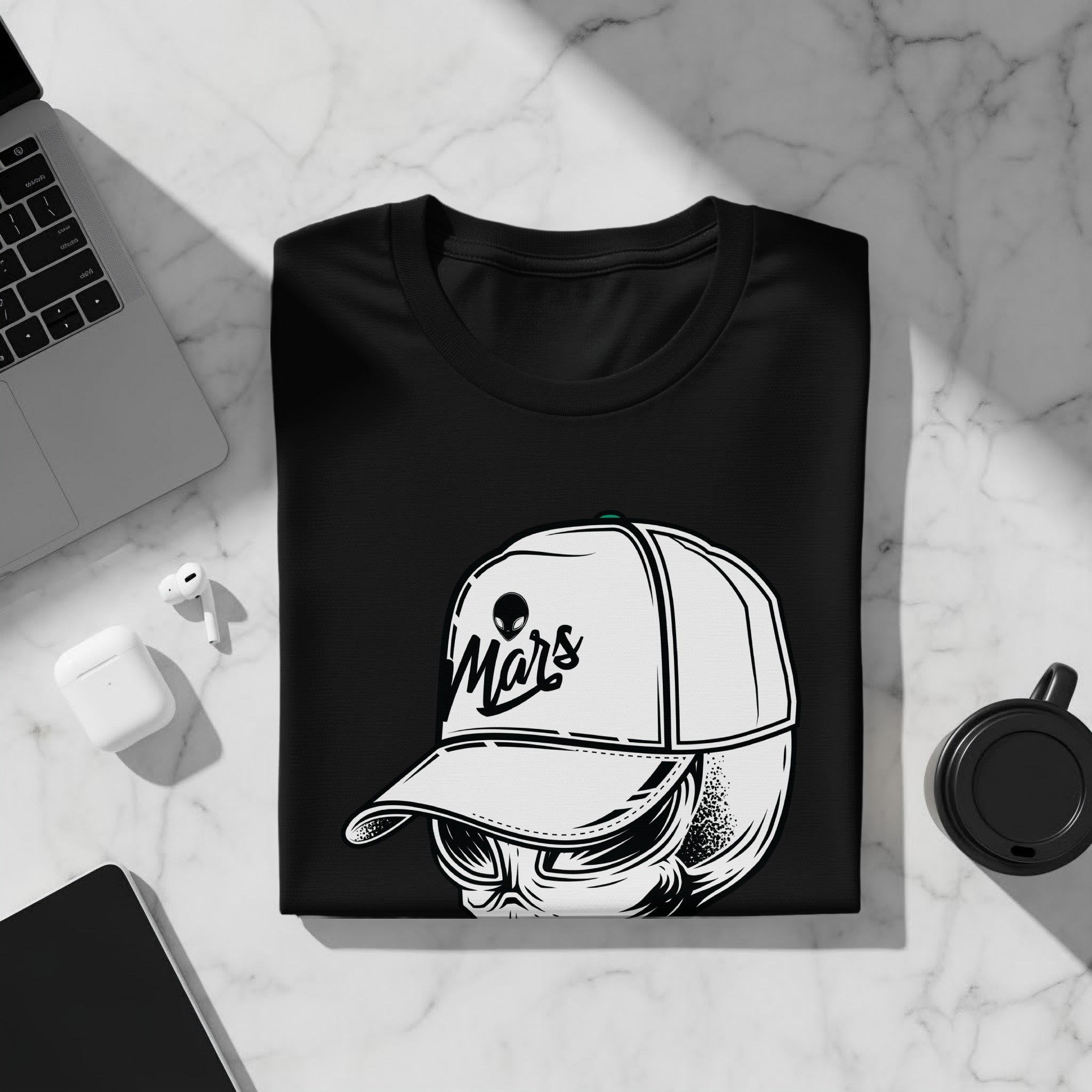 Black t-shirt with white graphic of alien wearing baseball cap that says "Mars".