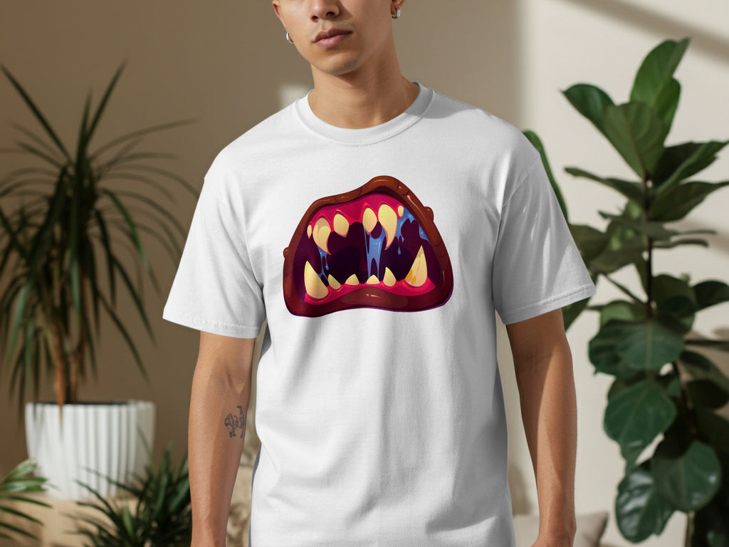 White t-shirt with a cartoonish open mouth graphic with sharp teeth and dripping blue saliva.