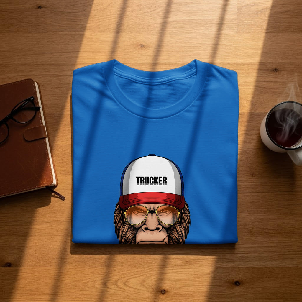 Blue t-shirt with graphic of ape wearing trucker hat and sunglasses.
