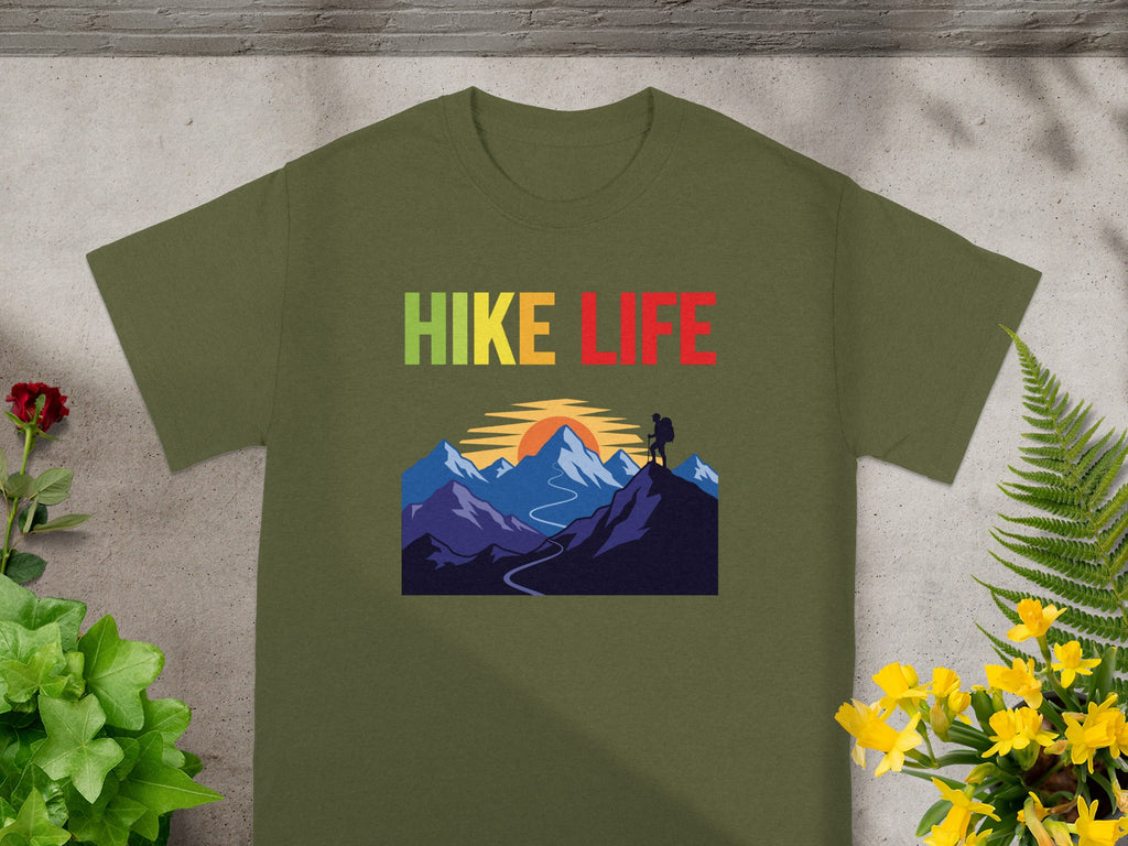 Green t-shirt with "HIKE LIFE" text and a mountain landscape graphic.