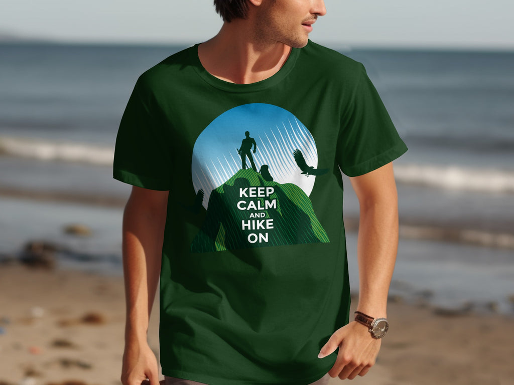 Green t-shirt with graphic of hiker on mountain, eagle, and text "Keep Calm and Hike On".