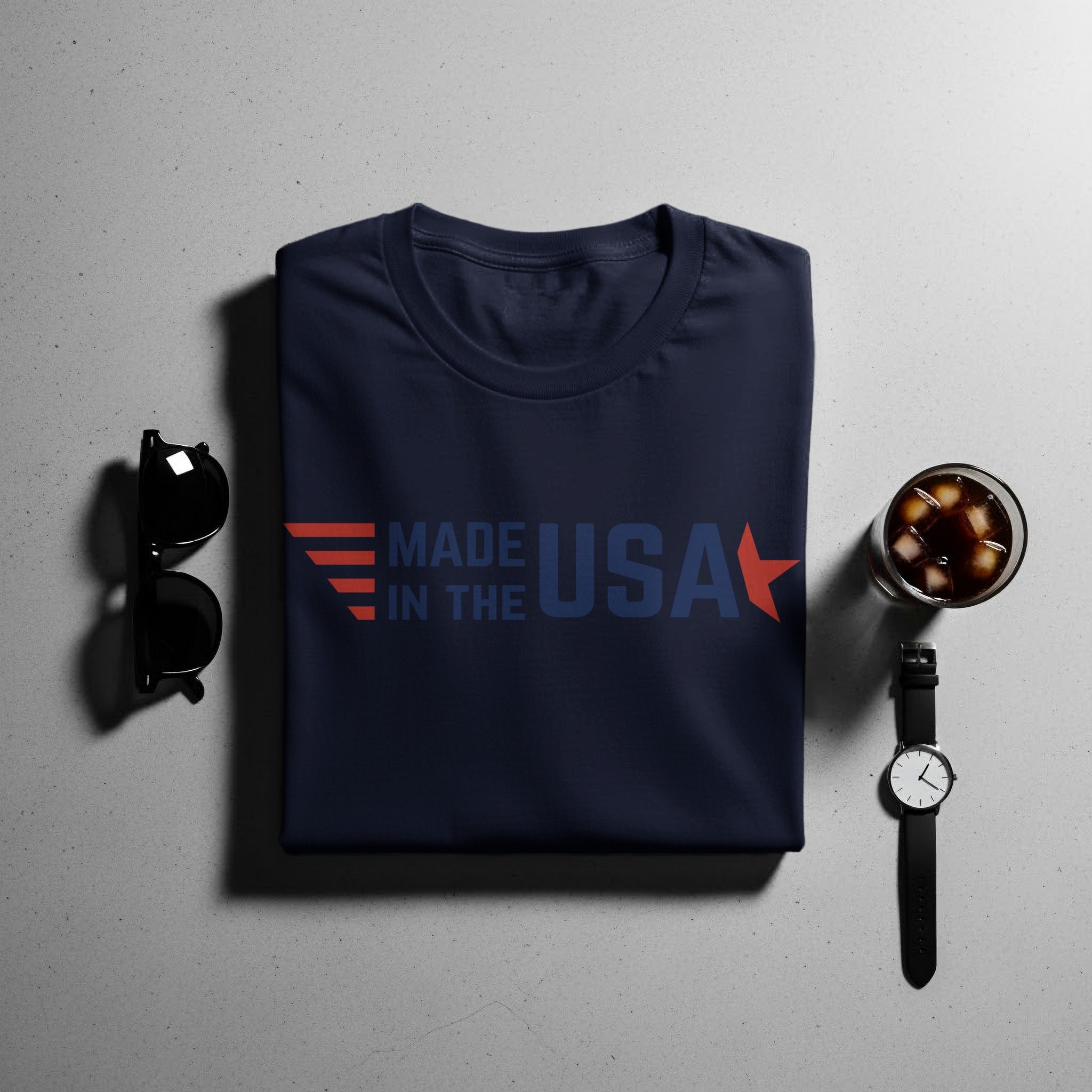 Navy blue t-shirt with "Made in the USA" graphic and red star accent.