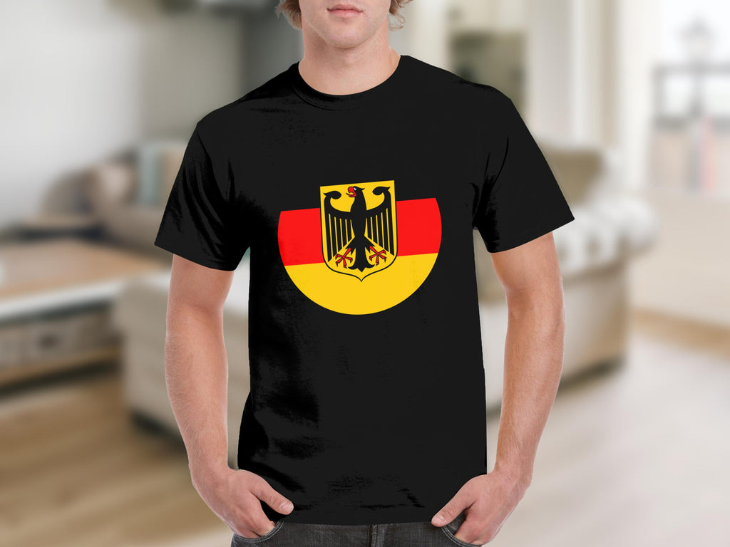 Black t-shirt with the German flag and coat of arms on the chest.